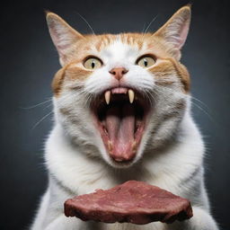 Generate a dramatic poster featuring a cat ferociously eating meat, its eyes gleaming with intensity.