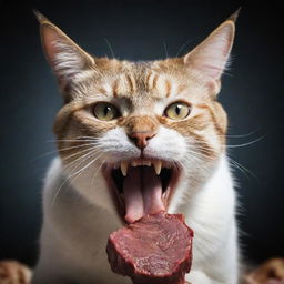 Generate a dramatic poster featuring a cat ferociously eating meat, its eyes gleaming with intensity.