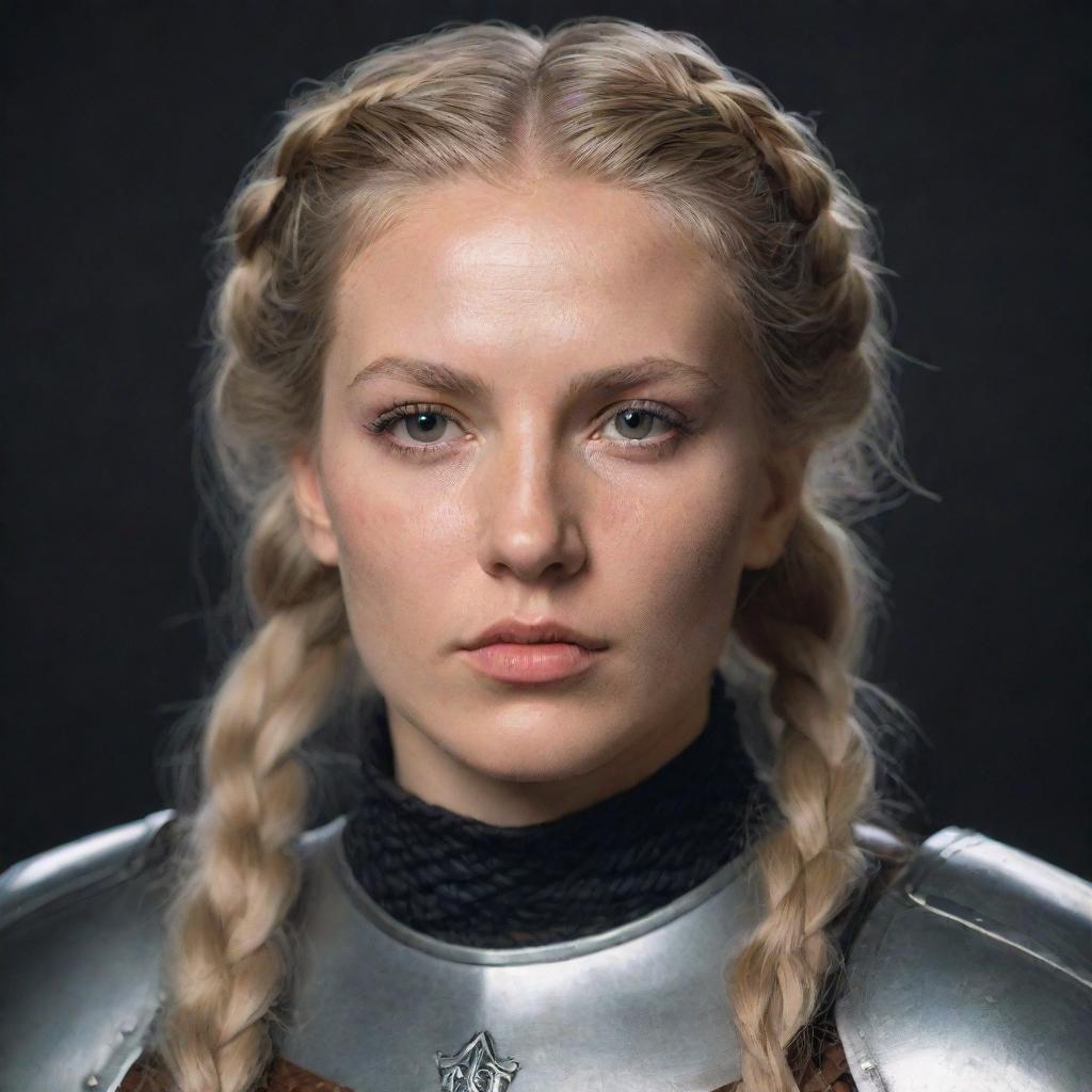 A woman, an 80's styled paladin knight with blonde hair in a braid and brown eyes. She has a scar across her mouth and eye, influenced by the aesthetic of Vikings, The Witcher, Targaryen, and Star Wars.