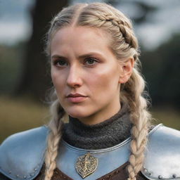 A woman, an 80's styled paladin knight with blonde hair in a braid and brown eyes. She has a scar across her mouth and eye, influenced by the aesthetic of Vikings, The Witcher, Targaryen, and Star Wars.