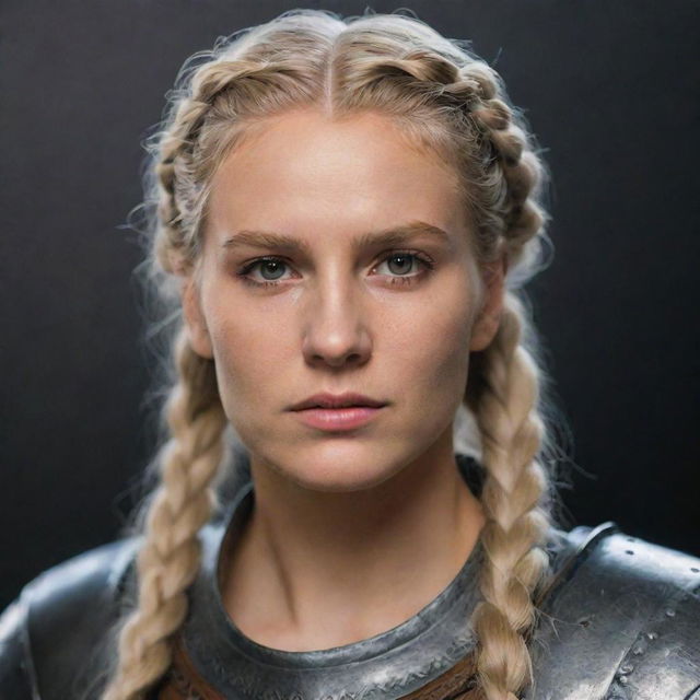 A woman, an 80's styled paladin knight with blonde hair in a braid and brown eyes. She has a scar across her mouth and eye, influenced by the aesthetic of Vikings, The Witcher, Targaryen, and Star Wars.