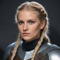 A woman, an 80's styled paladin knight with blonde hair in a braid and brown eyes. She has a scar across her mouth and eye, influenced by the aesthetic of Vikings, The Witcher, Targaryen, and Star Wars.