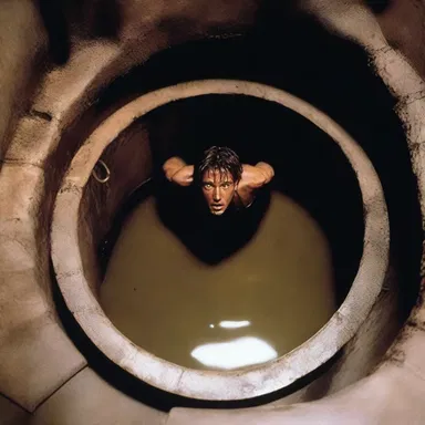 The suspenseful movie had a tense scene where the protagonist was hiding in a cistern to evade capture.