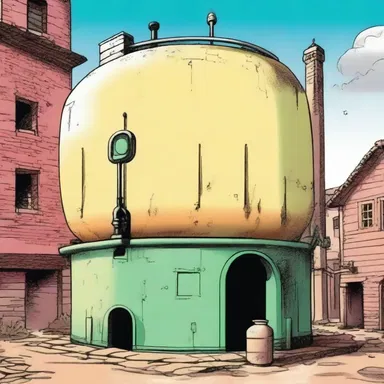 In the cartoon, the cistern was depicted as a small storage tank holding colorful fluid.