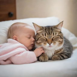 Generate a heartwarming image of a cute, cuddly cat peacefully sleeping beside a sleeping baby in a cozy setting.