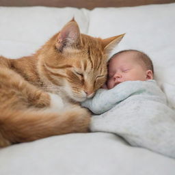 Generate a heartwarming image of a cute, cuddly cat peacefully sleeping beside a sleeping baby in a cozy setting.