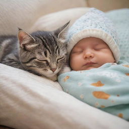 Generate a heartwarming image of a cute, cuddly cat peacefully sleeping beside a sleeping baby in a cozy setting.