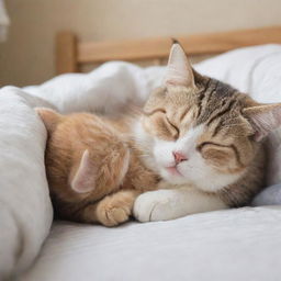 Generate a heartwarming image of a cute, cuddly cat peacefully sleeping beside a sleeping baby in a cozy setting.