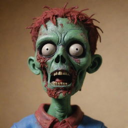 A stop motion style claymation zombie looking forward with a face full of blood.