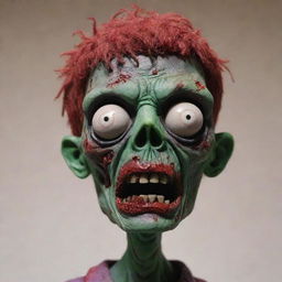 A stop motion style claymation zombie looking forward with a face full of blood.