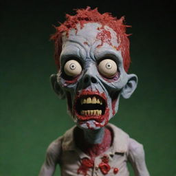 A stop motion style claymation zombie looking forward with a face full of blood.