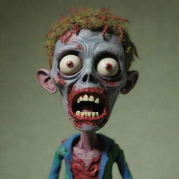 A stop motion style claymation zombie looking forward with a face full of blood.