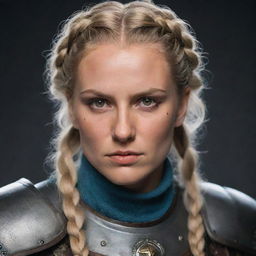 A woman depicted as an 80's styled paladin knight with a braid of blonde hair and brown eyes, bearing a scar across her mouth and eye. Her aesthetic combines elements of Vikings, The Witcher, Targaryen, Star Wars, and Pillars of Eternity.