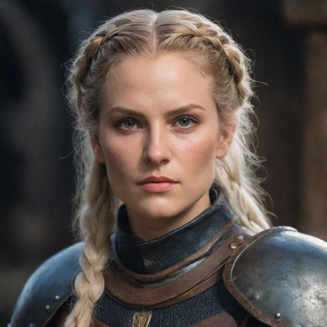 A woman depicted as an 80's styled paladin knight with a braid of blonde hair and brown eyes, bearing a scar across her mouth and eye. Her aesthetic combines elements of Vikings, The Witcher, Targaryen, Star Wars, and Pillars of Eternity.