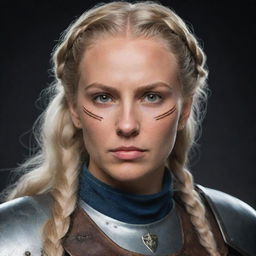 A woman depicted as an 80's styled paladin knight with a braid of blonde hair and brown eyes, bearing a scar across her mouth and eye. Her aesthetic combines elements of Vikings, The Witcher, Targaryen, Star Wars, and Pillars of Eternity.