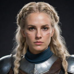 A woman depicted as an 80's styled paladin knight with a braid of blonde hair and brown eyes, bearing a scar across her mouth and eye. Her aesthetic combines elements of Vikings, The Witcher, Targaryen, Star Wars, and Pillars of Eternity.