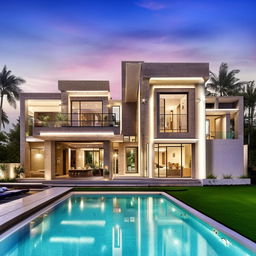 A modern, luxurious home situated on an 80x70 feet plot, complete with a pool, gym, eight bedrooms each with attached bathrooms, and a parking space big enough for five cars.