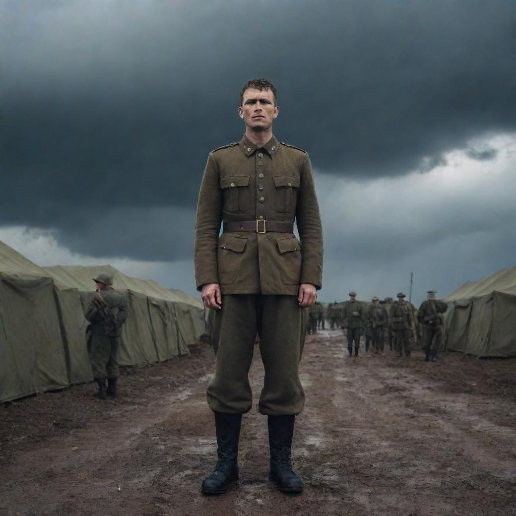 A weary army soldier in uniform, surrounded by imposing enemy soldiers in an austere military camp under a stormy sky.