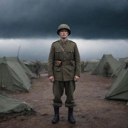 A weary army soldier in uniform, surrounded by imposing enemy soldiers in an austere military camp under a stormy sky.