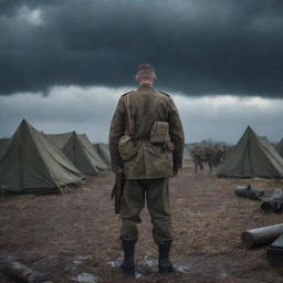 A weary army soldier in uniform, surrounded by imposing enemy soldiers in an austere military camp under a stormy sky.