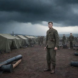 A weary army soldier in uniform, surrounded by imposing enemy soldiers in an austere military camp under a stormy sky.