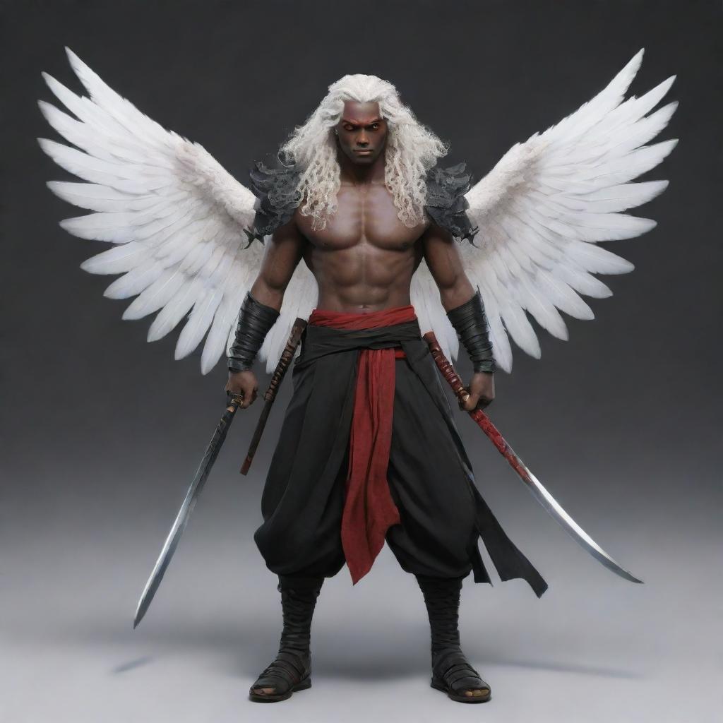 Generate a full body portrait of a male character with ebony skin, bright red eyes, and long white curly hair. He has two black wings sprouting from his back and sports three katanas at his waist.