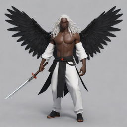 Generate a full body portrait of a male character with ebony skin, bright red eyes, and long white curly hair. He has two black wings sprouting from his back and sports three katanas at his waist.