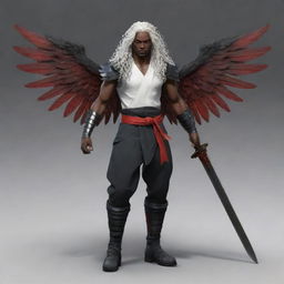 Generate a full body portrait of a male character with ebony skin, bright red eyes, and long white curly hair. He has two black wings sprouting from his back and sports three katanas at his waist.