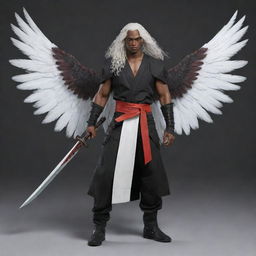 Generate a full body portrait of a male character with ebony skin, bright red eyes, and long white curly hair. He has two black wings sprouting from his back and sports three katanas at his waist.