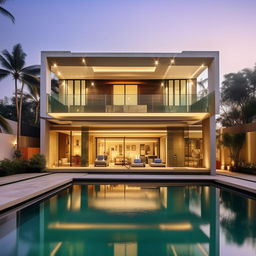 A modern, luxurious home situated on an 80x70 feet plot, complete with a pool, gym, eight bedrooms each with attached bathrooms, and a parking space big enough for five cars.