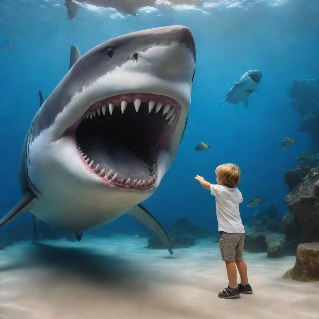 A joyful 3-year-old boy playing fearlessly with a non-threatening megalodon in an imaginative and child-friendly environment.