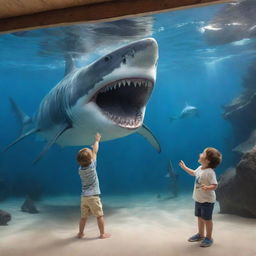 A joyful 3-year-old boy playing fearlessly with a non-threatening megalodon in an imaginative and child-friendly environment.