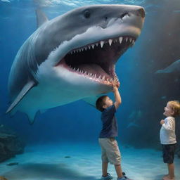 A joyful 3-year-old boy playing fearlessly with a non-threatening megalodon in an imaginative and child-friendly environment.