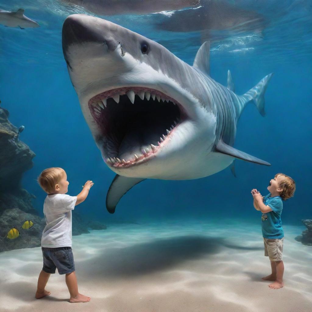 A joyful 3-year-old boy playing fearlessly with a non-threatening megalodon in an imaginative and child-friendly environment.