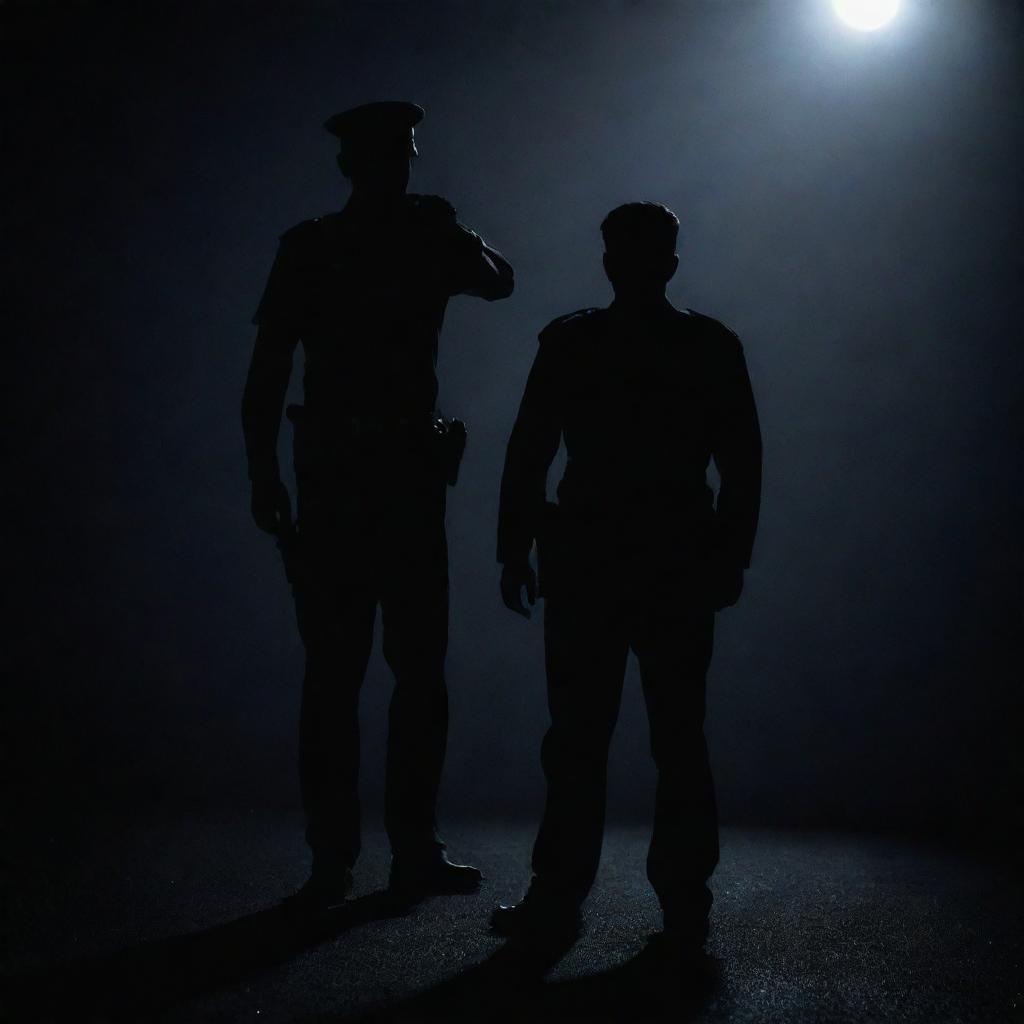 A sharply silhouetted figure, an enigmatic shadow, subtly entraps a uniformed police officer within its grasp under the pale moonlight.