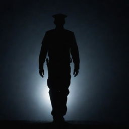 A sharply silhouetted figure, an enigmatic shadow, subtly entraps a uniformed police officer within its grasp under the pale moonlight.