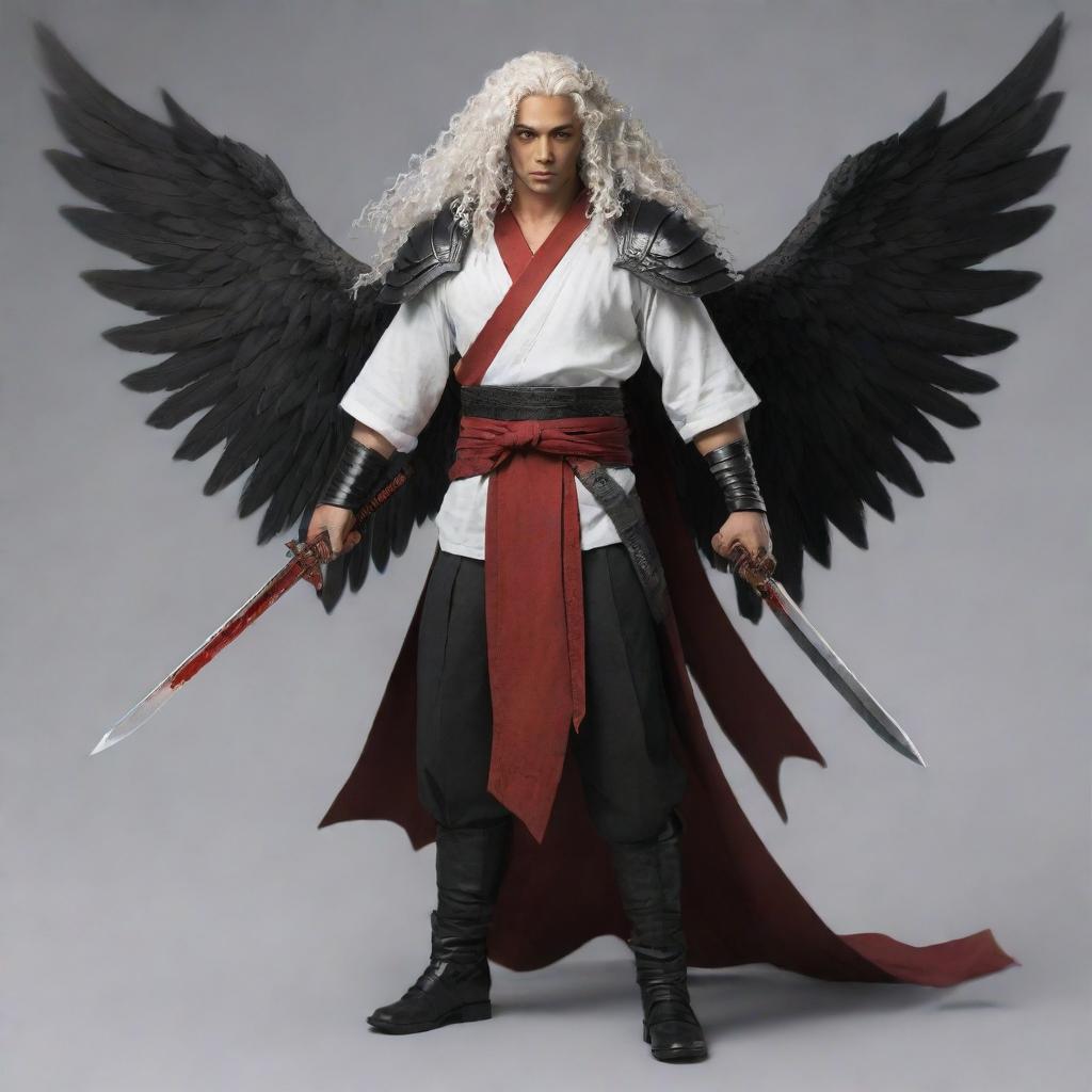 Generate a full-body portrait of a male character with light brown skin, bright red eyes, long white curly hair. He possesses two black wings and three katanas secured at his waist.