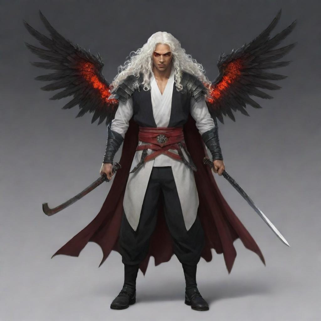 Generate a full-body portrait of a male character with light brown skin, bright red eyes, long white curly hair. He possesses two black wings and three katanas secured at his waist.