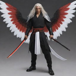 Generate a full-body portrait of a male character with light brown skin, bright red eyes, long white curly hair. He possesses two black wings and three katanas secured at his waist.