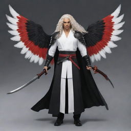 Generate a full-body portrait of a male character with light brown skin, bright red eyes, long white curly hair. He possesses two black wings and three katanas secured at his waist.