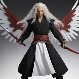 Generate an image of a male character with light brown skin, bright red eyes, and long white curly hair. His distinguishing features include two black wings and three katanas on his waist.