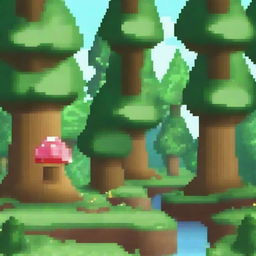 Create a pixel art image of a forest from an inside perspective, detailed in the style of the first Mario game.