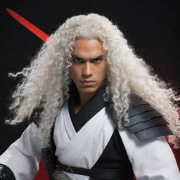 Generate an image of a male character with light brown skin, bright red eyes, and long white curly hair. His distinguishing features include two black wings and three katanas on his waist.