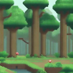 Create a pixel art image of a forest from an inside perspective, detailed in the style of the first Mario game.