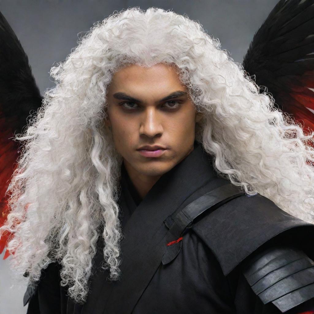 Generate an image of a male character with light brown skin, bright red eyes, and long white curly hair. His distinguishing features include two black wings and three katanas on his waist.