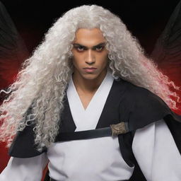 Generate an image of a male character with light brown skin, bright red eyes, and long white curly hair. His distinguishing features include two black wings and three katanas on his waist.