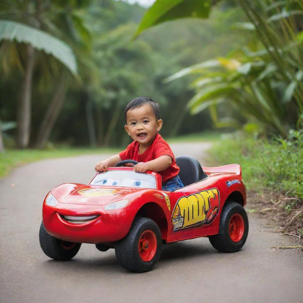 A 3 year old Balinese boy joyously riding a Lightning McQueen car toy amidst a tropical setting