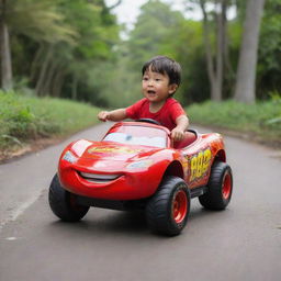 A 3 year old Balinese boy joyously riding a Lightning McQueen car toy amidst a tropical setting