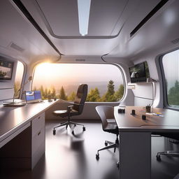 A modern office cabin with sleek furniture, minimalist design aesthetic, large windows allowing plenty of natural light, and high-tech gadgets.