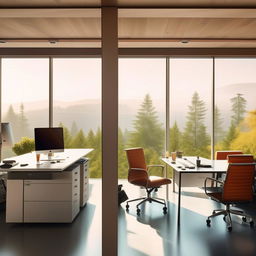 A modern office cabin with sleek furniture, minimalist design aesthetic, large windows allowing plenty of natural light, and high-tech gadgets.